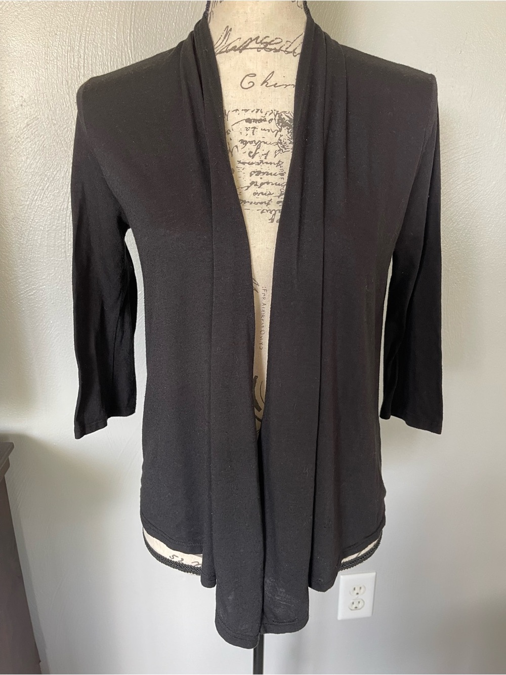 Charlotte Russe Black Open Front Cardigan M Draped 3/4 Sleeve Layering Sweater